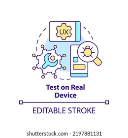 Test on real device concept icon. Errors research. Mobile first design process abstract idea thin line illustration. Isolated outline drawing. Editable stroke. Arial, Myriad Pro-Bold fonts used