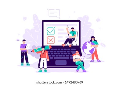 Test. Online survey Vector illustration for web banner, print, infographics, Online voting, online survey technology concept with people and laptop with checklist. Yes No list