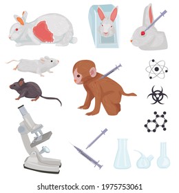 test over animals. set icons isolated on white background. laboratory, industrial enterprise. testing of drugs and cosmetics on animals: rabbits, rodents and monkeys. medical instruments. vector flat.