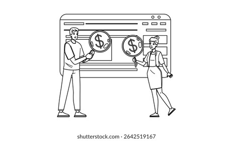 vetor de pesquisa pago de teste. site de insight, página isométrica, caractere de pesquisa pago de teste de desempenho de experiência. ilustração de desenho de lápis de linha preta de pessoas