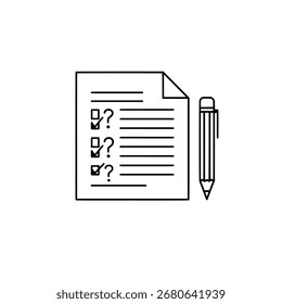 Test paper with a checklist and pencil, vector icon for an exam, survey, or educational assessment, isolated school document illustration.