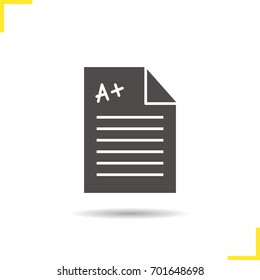 Test paper with excellent mark glyph icon. Drop shadow silhouette symbol. Negative space. Vector isolated illustration