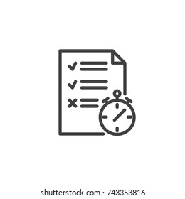 Test paper list and stopwatch line icon, outline vector sign, linear style pictogram isolated on white. To do list symbol, logo illustration. Editable stroke