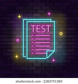 Test, paper neon icon. Education neon icon on dark brick wall background