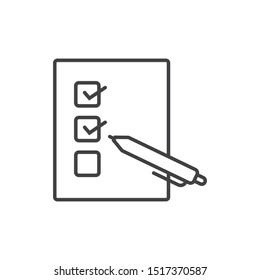 Test paper and pen, document, checklist line icon. 