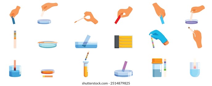 Conjunto de iconos de tiras de papel de prueba. Los científicos están determinando la acidez y alcalinidad de las soluciones en un entorno de laboratorio