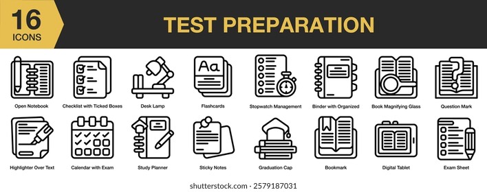 Test Preparations icon set. Includes education, study, student, test, knowledge, and More. Outline icons vector collection.