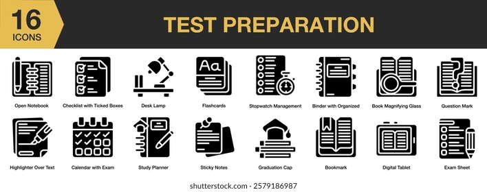 Test Preparations solid icon set. Includes education, study, student, test, knowledge, and More. Solid icons vector collection.