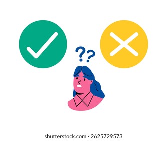 Test question. Business woman is thinking yes or no. Dilemma Concept. Flat vector illustration isolated on white
