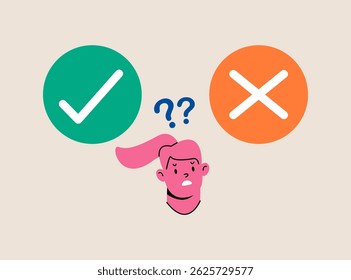 Test question. Woman is thinking yes or no. Dilemma Concept. Colorful vector illustration
