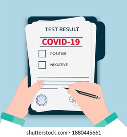 Test Result For Covid-19. Negative, Positive. Medical Control. Tablet With Checklist. Laboratory-analysis. Doctor Writes With A Pen. Conclusion, After Coronavirus. Health Check. Vector Illustration
