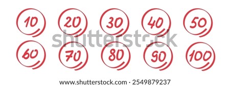 Test Result Hand Drawn Illustration Set. Exam score symbols. Grade Marks collection. Red Numbers. Vector illustration