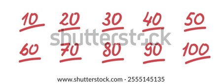 Test Result Hand Drawn Illustration Set. Exam score symbols. Grade Marks collection. Red Numbers. Vector illustration