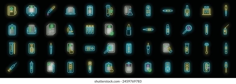 Los iconos de resultados de prueba establecen el Vector de esquema. Prueba de VIH. Rapid kit color neón sobre negro