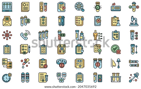 Test result icons set.\
Outline set of test result vector icons thin line color flat\
isolated on white