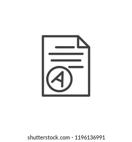 Test result paper outline icon. linear style sign for mobile concept and web design. Exam sheet with A grade simple line vector icon. Symbol, logo illustration. Pixel perfect vector graphics