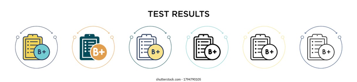 Test results icon in filled, thin line, outline and stroke style. Vector illustration of two colored and black test results vector icons designs can be used for mobile, ui, web