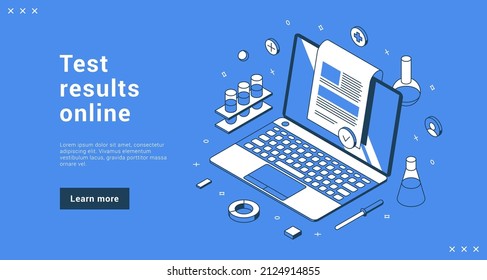 Test results online document website landing page vector isometric illustration. Internet medical prescription with approved check mark user interface 3d template. Digital medicine clinic checklist