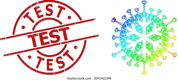 TEST rubber seal and low-poly rainbow colored winter virus icon with gradient. Red stamp seal has Test caption inside round and lines shape. Triangulated winter virus polygonal icon illustration.