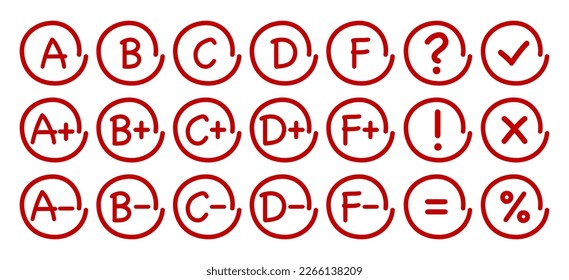 Test score collection. Exam in school or college. Letter grades with plus and minus and different symbols. Vector illustration.