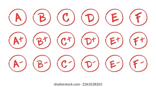 Test score collection isolated on white background. Set of grades for school with plus and minus signs. Class grades with circles red on white background. Vector stock