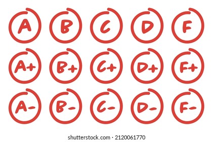 Test score collection. Vector school or college letter grades with plus and minus.