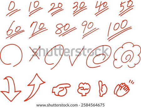 Test scores, flower marks, and arrows drawn with a red pen.  Hand-drawn illustrations for grading and evaluation.