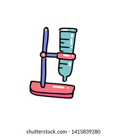 test setup for Acids and bases, acid-base reaction with Lab graduated glassware. Chemical equipment in flat color outlined hand drawn childish doodle style. Color scribble print on white background