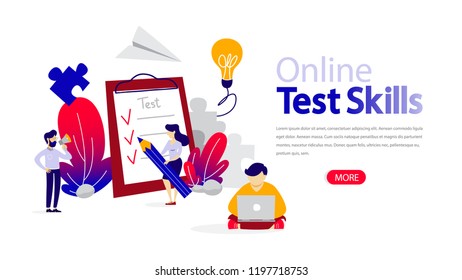 Test skills horizontal banner for your website. E-learning and modern technology concept. Education online using computer. Flat vector illustration