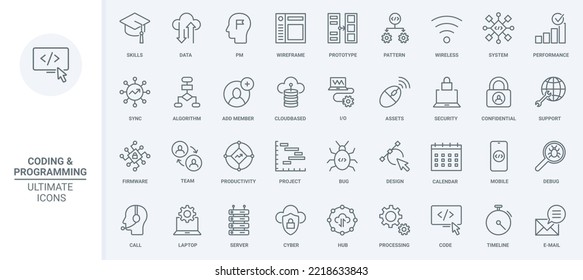 Prueba del código de software, los iconos de la línea delgada de almacenamiento de datos establecen la ilustración vectorial. Contorno de compatibilidad con proyectos digitales, sistema de bases de datos de sincronización y protección cibernética para redes inalámbricas, rendimiento de gráficos