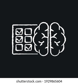 Icono de tiza de soluciones de prueba. Respuestas a las tareas. Cerebro con una hoja de papel. Preguntas verdaderas o falsas. Universidad