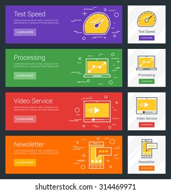 Test Speed. Processing. Video Service. Newsletter. Flat Design Concept. Set of Vector Web Banners
