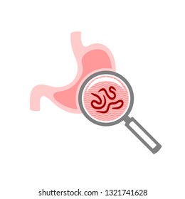 Test for stomach parasites symbol. Magnify glass examine stomach to find worms or other bad lifeforms.