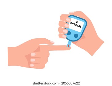 Testen Sie den Blutzuckerspiegel, das Diabetes-Konzept. Bluttropfen-Teststreifen zur Messung von Glukose. Glukometer in der Hand. Vektorgrafik