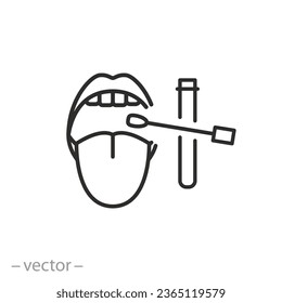 ícono de frotis de prueba, análisis de virus de garganta o nariz, muestra de saliva de laboratorio, símbolo de línea delgada - ilustración del vector de trazo editable