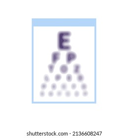 Test table with blurred  poor vision eye, chart check eyevision. Visual impairment, myopia correction. Vector illustration