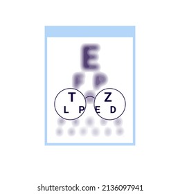 Test table with clarity vision eye in glasses and blur outside vision, chart check eyevision. Visual impairment, myopia correction. Vector illustration