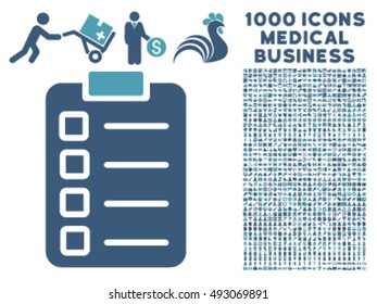 Test Task icon with 1000 medical business cyan and blue vector pictographs. Design style is flat bicolor symbols, white background.
