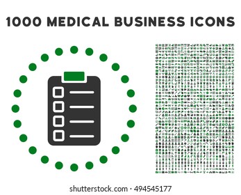 Test Task icon with 1000 medical commercial green and gray vector pictograms. Collection style is flat bicolor symbols, white background.