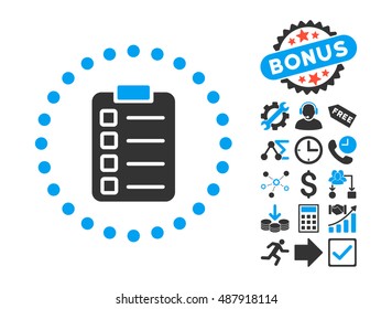 Test Task icon with bonus pictures. Vector illustration style is flat iconic bicolor symbols, blue and gray colors, white background.