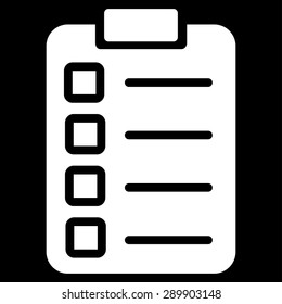Test task icon from Business Bicolor Set. Vector style: flat symbol, white color, rounded angles, black background.