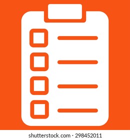 Test task icon from Business Bicolor Set. Vector style is flat symbol, white color, rounded angles, orange background.