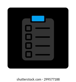 Test task icon. Vector style is bicolor flat symbol, gray and light blue colors, black rounded square button, white background.