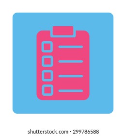 Test task icon. Vector style is pink and blue colors, flat rounded square button on a white background.