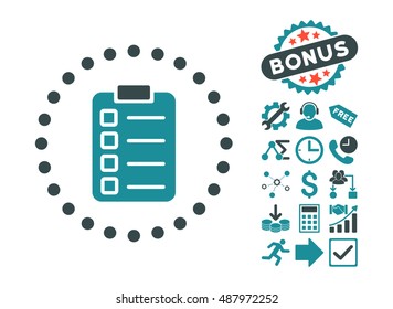 Test Task pictograph with bonus icon set. Vector illustration style is flat iconic bicolor symbols, soft blue colors, white background.