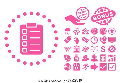Test Task pictograph with bonus symbols. Vector illustration style is flat iconic symbols, pink color, white background.