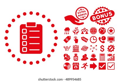 Test Task pictograph with bonus symbols. Vector illustration style is flat iconic symbols, red color, white background.