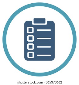 Test Task vector icon. Style is bicolor flat circled symbol, cyan and blue colors, rounded angles, white background.