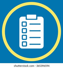 Test Task vector icon. Style is bicolor flat circled symbol, yellow and white colors, rounded angles, blue background.