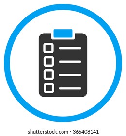 Test Task vector icon. Style is bicolor flat circled symbol, blue and gray colors, rounded angles, white background.
